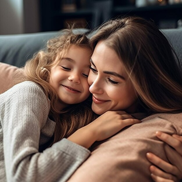 Mãe e filha abraçadas no sofá