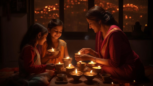 Foto mãe e filha acendendo velas durante o festival de diwali à noite