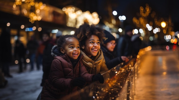 mãe e filha afro-americana olhando para o ringue de patinação no gelo em pé na rua à noite