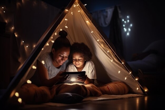 Mãe e filha afro-americanas usando tablet digital na tenda à noite AI generativa