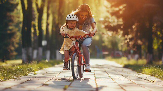 Foto mãe e filha andando de bicicleta juntos no parque a mãe está sorrindo e segurando o leme enquanto a filha está pedalando