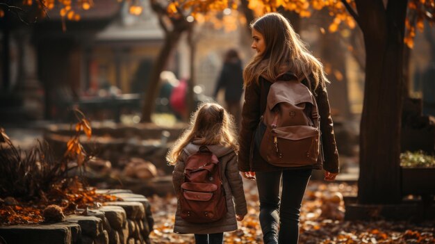 Mãe e filha caminhando no parque de outono De volta à escola IA generativa