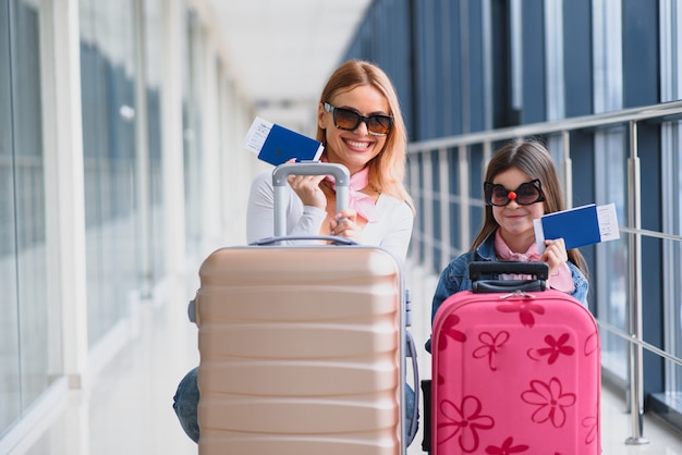 Mãe e filha com bagagem no aeroporto