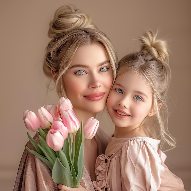 Mãe e filha com um buquê de tulipas em um fundo bege