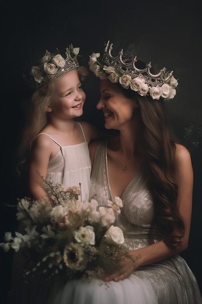 Mãe e filha compartilhando um momento de ternura ambas adornadas com coroas florais