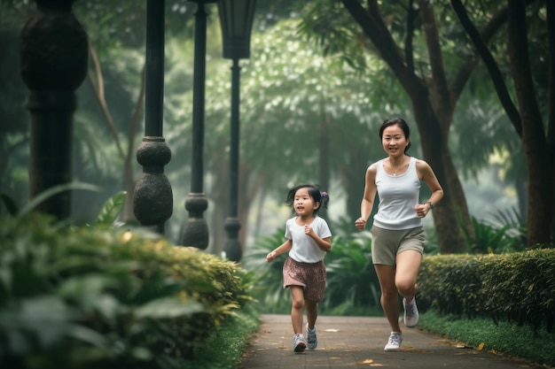 Mãe e filha correndo juntos no parque