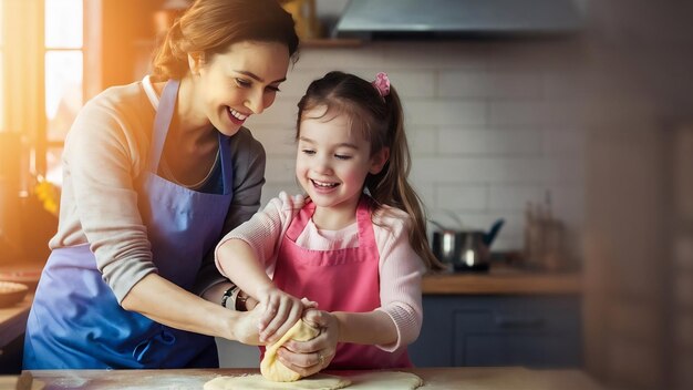 Mãe e filha cozinhando juntos na cozinha