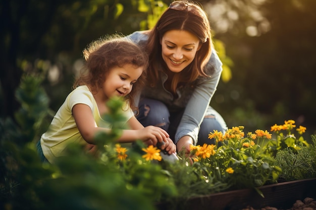 Foto mãe e filha cuidam juntas do jardim enquanto plantam flores e vegetais