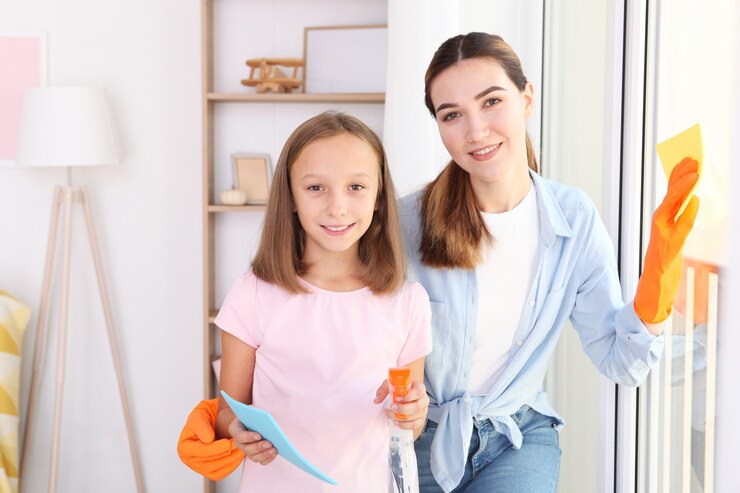 Foto mãe e filha de bom humor limpando a casa