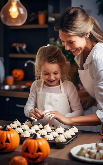 Mãe e filha decorando cupcakes para o Halloween