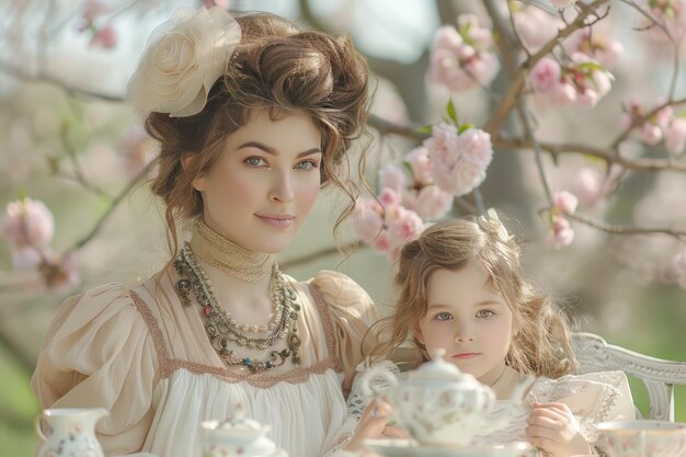 Mãe e filha elegantemente vestidas desfrutam de uma encantadora festa de chá ao ar livre durante a primavera, cercadas de flores em flor e compartilhando um momento delicioso