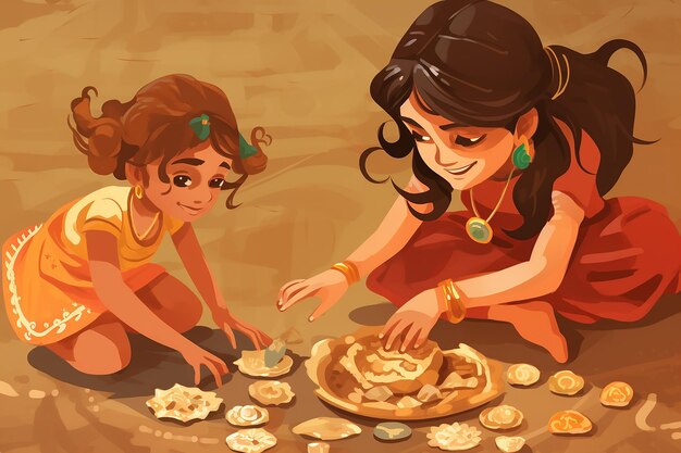 mãe e filha em sari fazendo Diwali ilustração doce