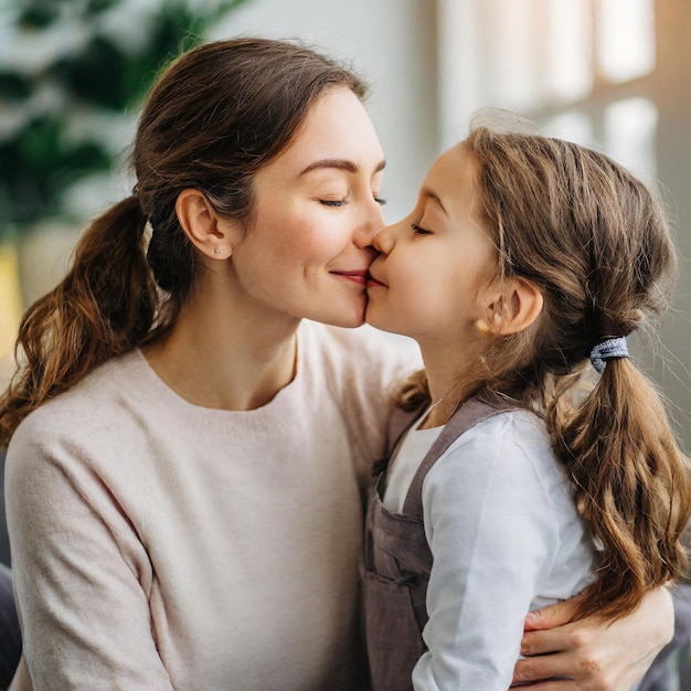 Foto mãe e filha estão a beijar-se.