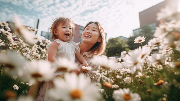 Mãe e filha estão brincando em um campo de flores.