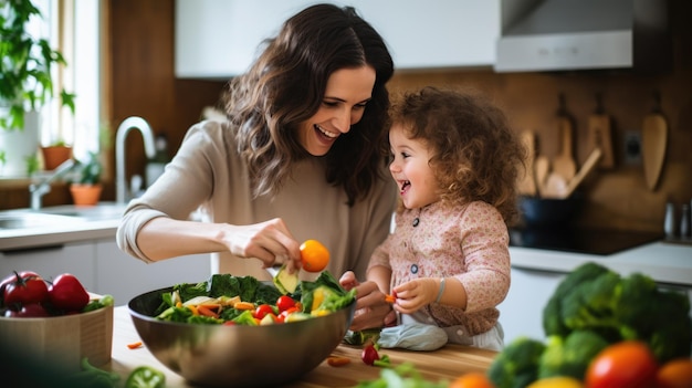 Mãe e filha estão cozinhando na cozinha