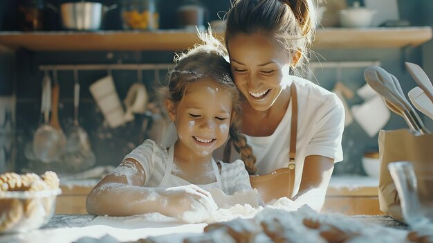 mãe e filha fazendo biscoitos em uma cozinha