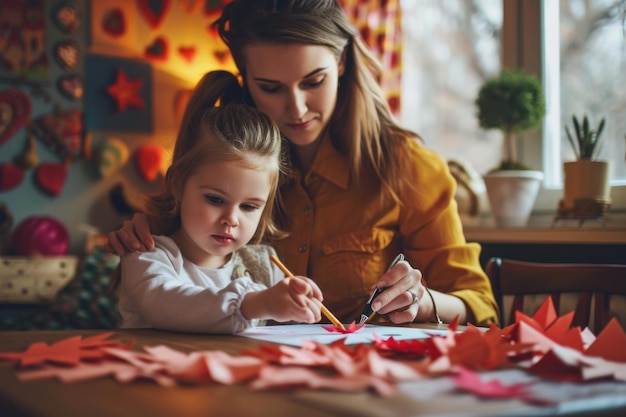 Mãe e filha fazendo cartões de Dia dos Namorados usando tesouras de papel de cor e lápis