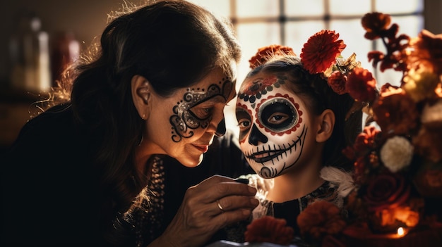 Mãe e filha fazendo maquiagem e máscara para o feriado mexicano Dia da Morte Santa muerte AI