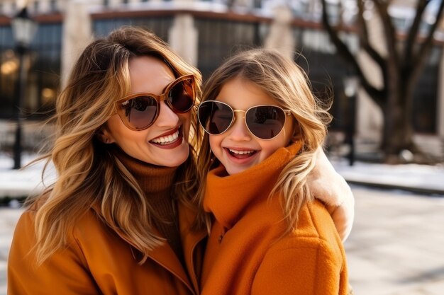 Foto mãe e filha felizes com casacos laranjas elegantes e óculos de sol divertem-se no parque de outono