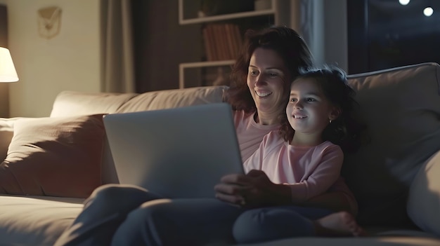 Mãe e filha felizes sentadas com laptop no sofá em casa