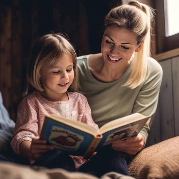 Mãe e filha leem um livro juntas.