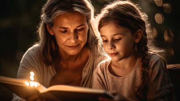 Mãe e filha leem um livro juntas.