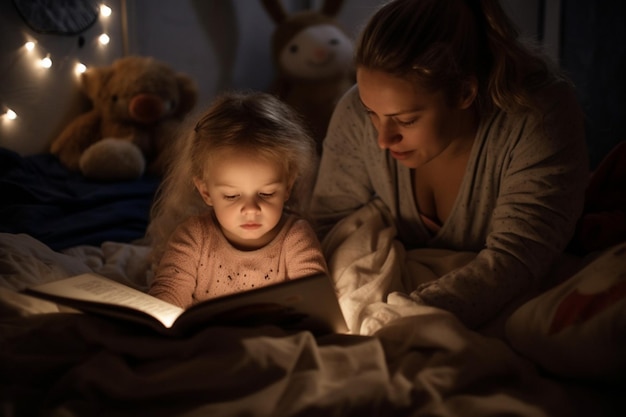 Mãe e filha lêem um livro na cama