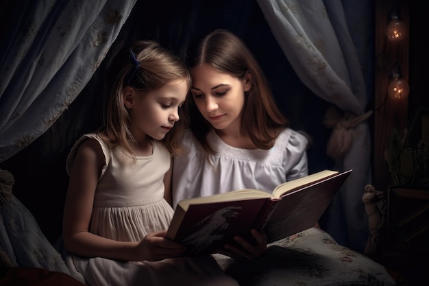 Mãe e filha lendo um livro juntas
