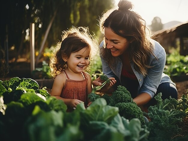 Mãe e filha menina escolhe vegetais no jardim família fazenda orgânica jardinagem colheita generativa ai