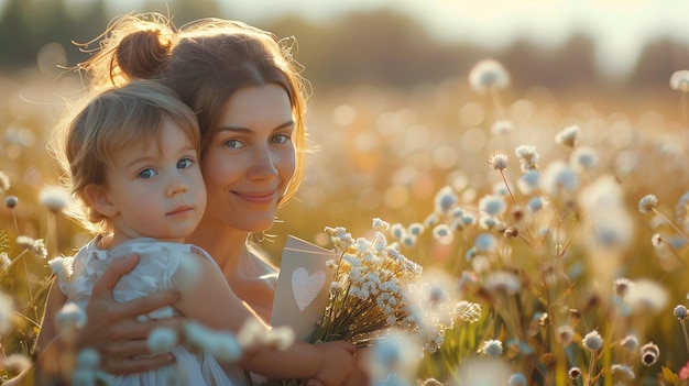 mãe e filha num campo de flores