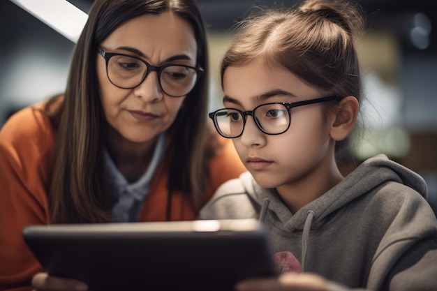 Mãe e filha olhando para um tablet com um sorriso no rosto.