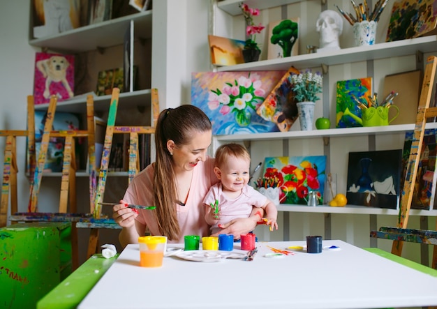 Mãe e filha pintam sobre tela na escola de desenho