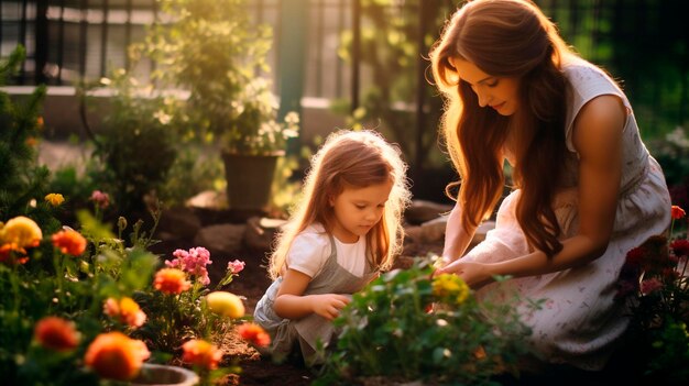Mãe e filha plantam flores no jardim IA generativa Natureza