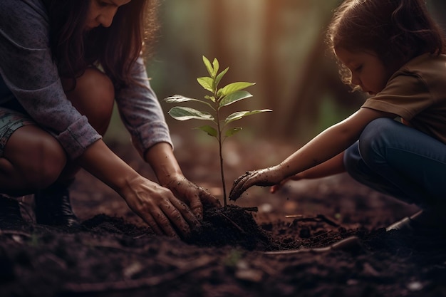 Mãe e filha plantando uma árvore na floresta