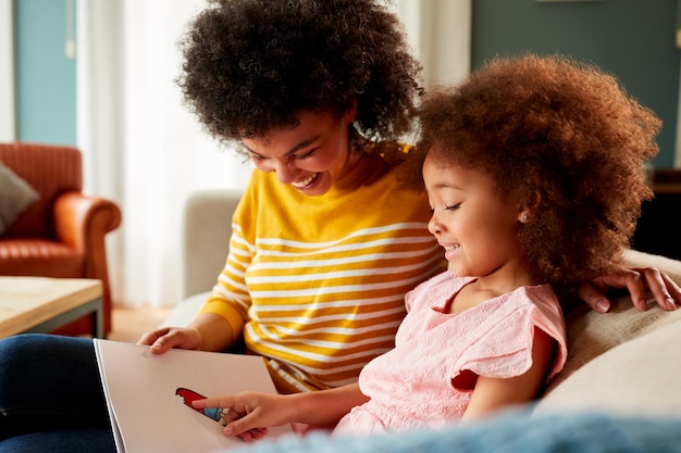 Mãe e filha relaxando no sofá em casa lendo livro juntos