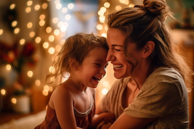 Mãe e filha riem juntas em frente às luzes de natal