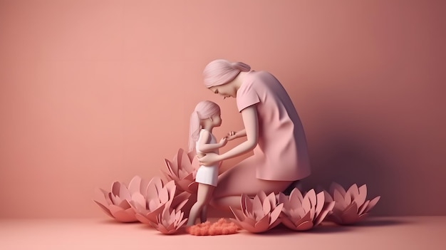 Mãe e filha são mostradas em papel rosa.