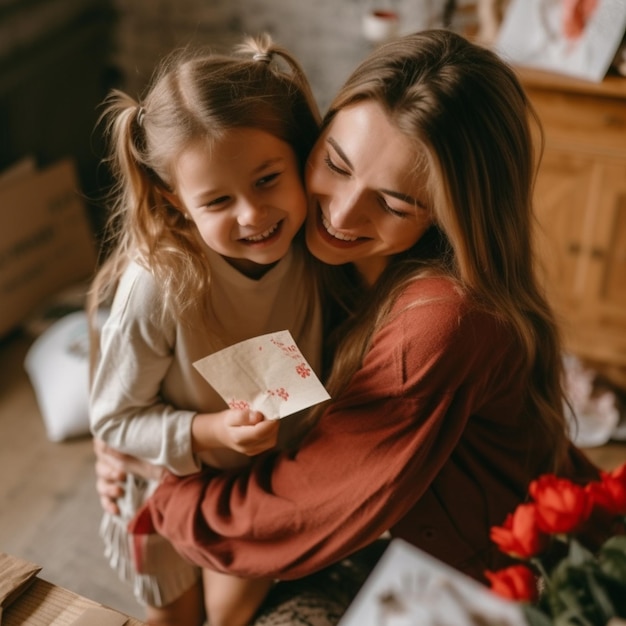 mãe e filha se abraçam e sorriem em uma sala