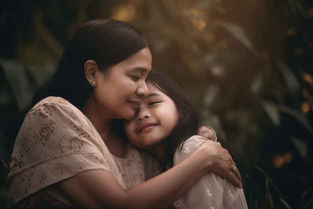 Mãe e filha se abraçam e sorriem para a câmera