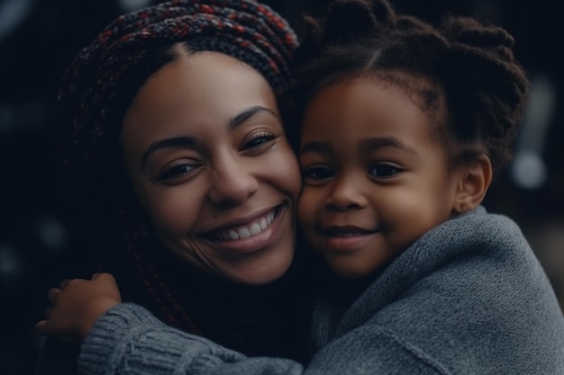 Mãe e filha se abraçam e sorriem para a câmera.