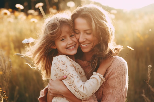 Mãe e filha se abraçam em um campo de flores.