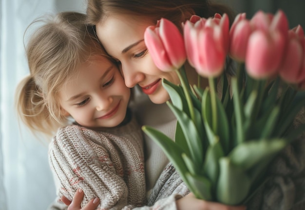 Mãe e filha se abraçando com um buquê de tulipas rosas