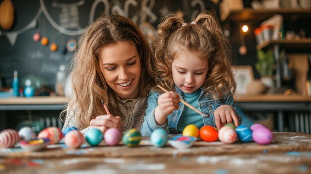 Mãe e filha se envolvem alegremente na preparação festiva de ovos de Páscoa, mostrando a celebração familiar e as tradições de férias.