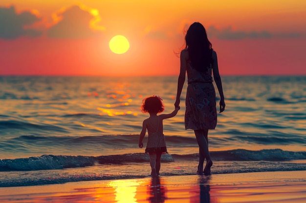 Mãe e filha se unem no passeio pela praia de Sunset