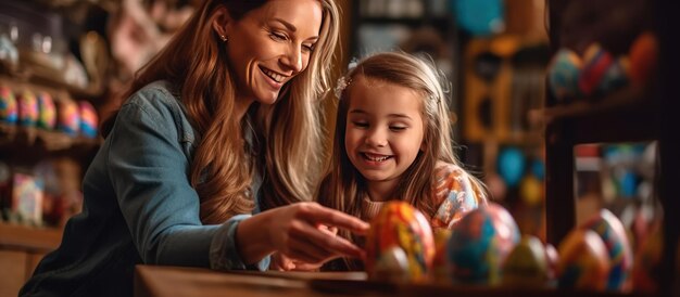 mãe e filha sorrindo com a pintura de ovo de Páscoa