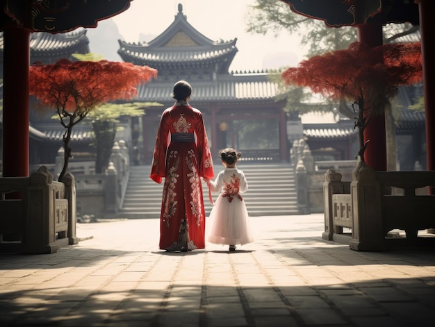 Mãe e filha vestindo roupas tradicionais chinesas em foto de templo chinês tirada por trás