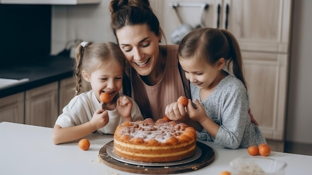 Mãe e filhas felizes com tangerinas e bolo na cozinha em casa