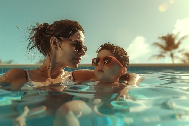 Mãe e filho a brincar na piscina.