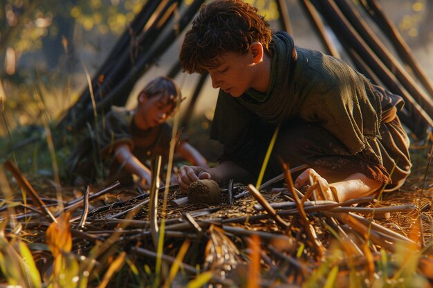 Mãe e filho a construir um forte.