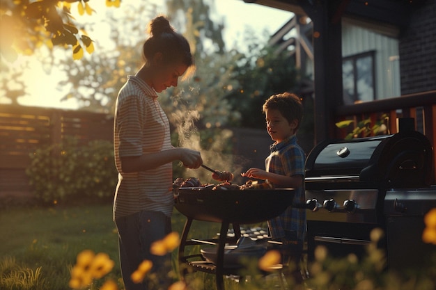 Foto mãe e filho a fazer um churrasco no quintal